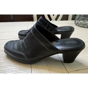 Clarks Bendable Black Leather Mules 3" Block Heel Contrast Stitch Boho 9.5 M